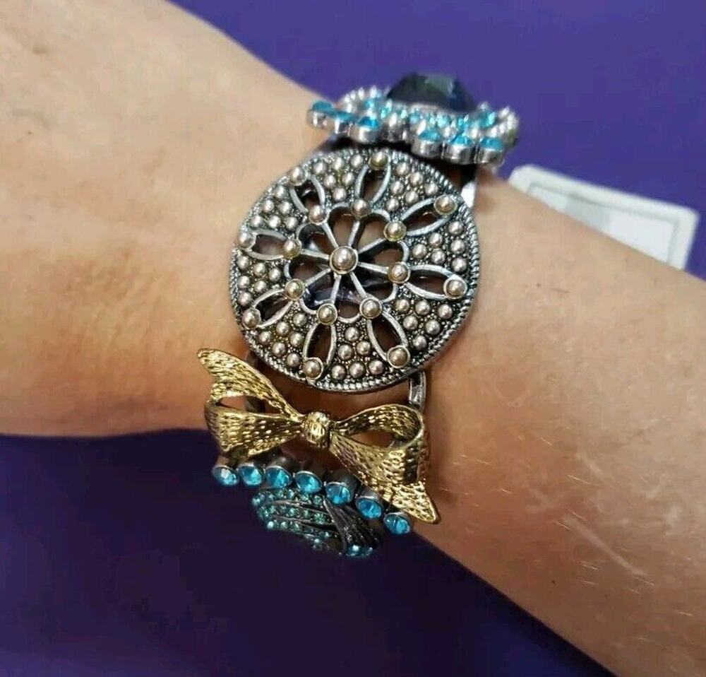 Chunky Ornate Clamper Bangle Bracelet Silver Tone Blue Rhinestones Gold Tone Bow